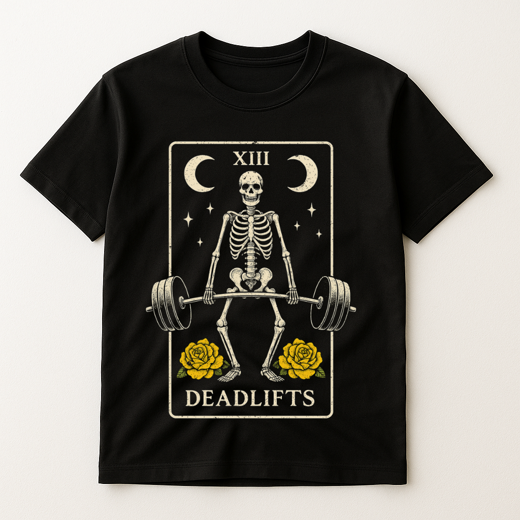 SKELETON DEADLIFT TAROT CARD T-SHIRT