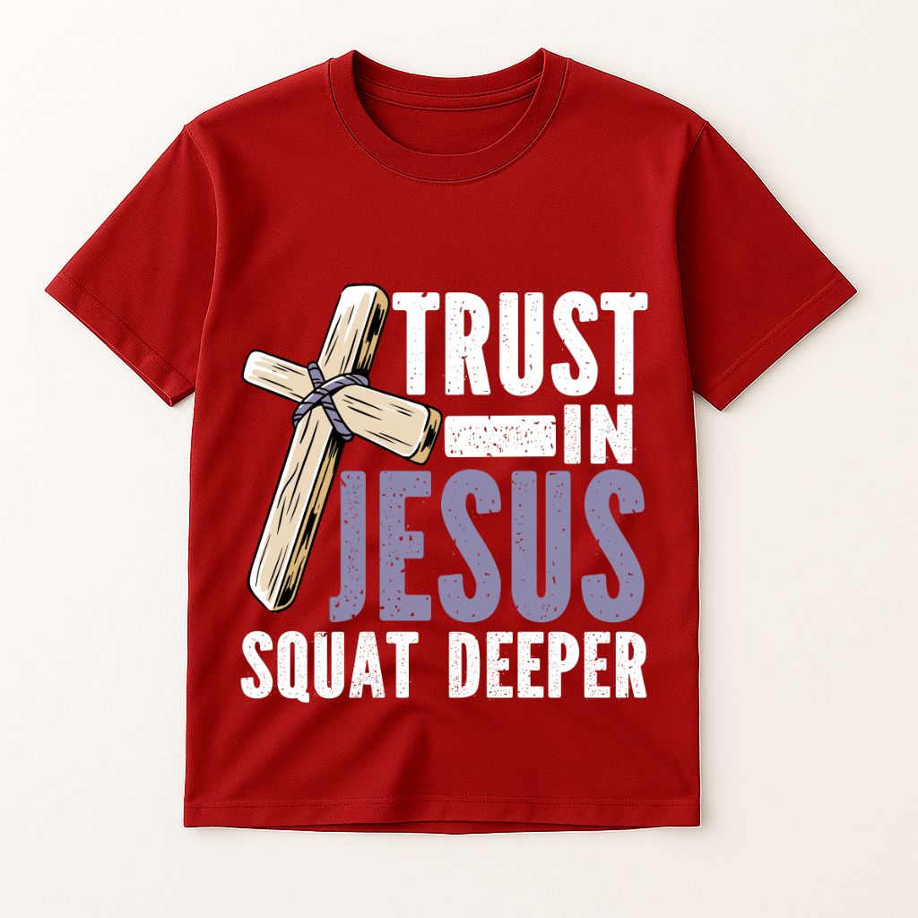 TRUST IN JESUS SQUAT DEEPER T-SHIRT