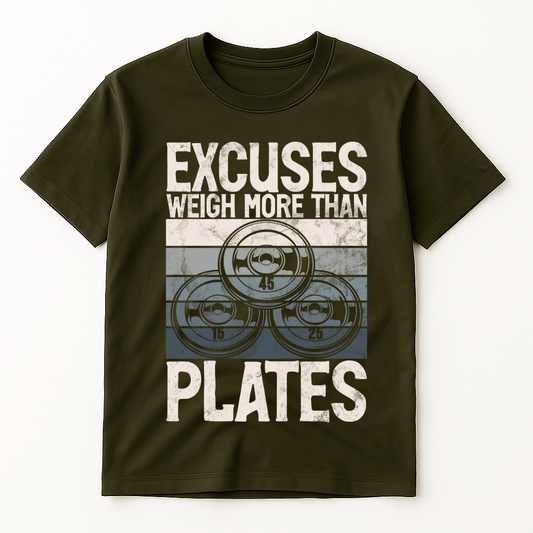EXCUSES WEIGHS MORE THAN PLATES T-SHIRT
